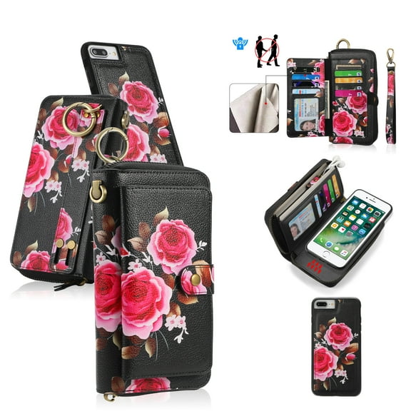 Multifunctional Wallet Case For iPhone 7 / 8 / SE 2020 / SE 2022 with RFID Blocking Card Slots,Detachable Purse PU Leather Magnetic Snap Hand Strap Zipper Pocket Cute Flower Case with Carabiners,Black