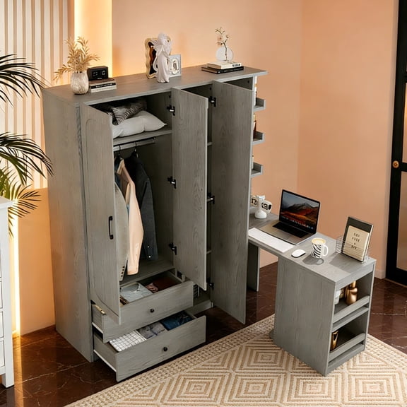 Multifunctional Wardrobe with 2 Doors and Hanging Rod - Gray Wooden Clothes Closet with Convertible Desk & Storage Drawers, Multi-Storage Spaces for Bedroom, Cloak Room, Laundry