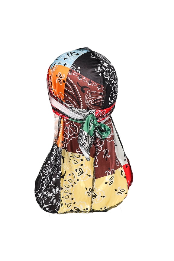Multifunctional Wave Durag for Men – Patchwork Bandana Print Long Tail Headwrap Hat