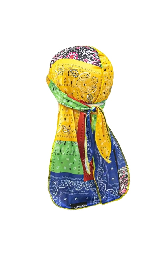 Multifunctional Wave Durag for Men – Patchwork Bandana Print Silky Long Tail Headwrap Hat