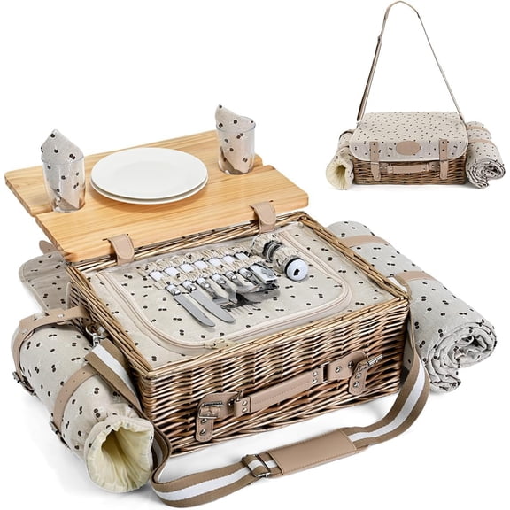 Multifunctional Wicker Picnic Basket Set for 2 with Blanket and Picnic Table, Insulated Picnic Set with Full Tablewares for Camping Outdoor Couples,Cherry
