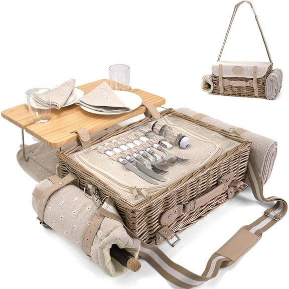 Multifunctional Wicker Picnic Basket Set for 2 with Blanket and Picnic Table, Insulated Picnic Set with Full Tablewares for Camping Outdoor Couples,Cherry
