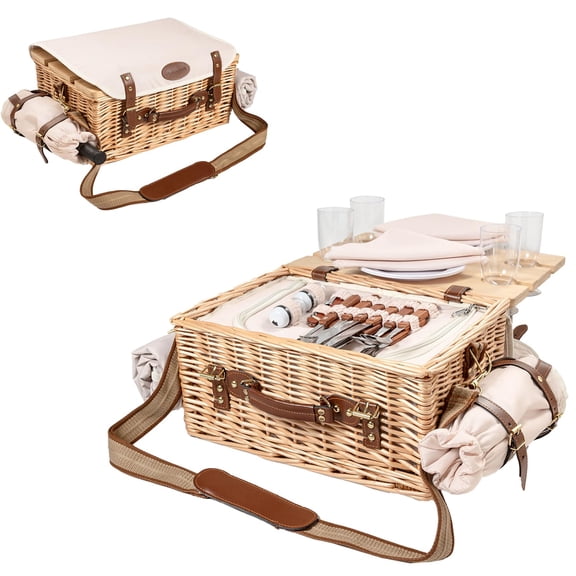 2 Adults with Picnic Table and Blankets,Large Insulated Picnic Set with Wine Pouch and Full Tablewares for Camping Outdoor Couples Natural Beach Wedding