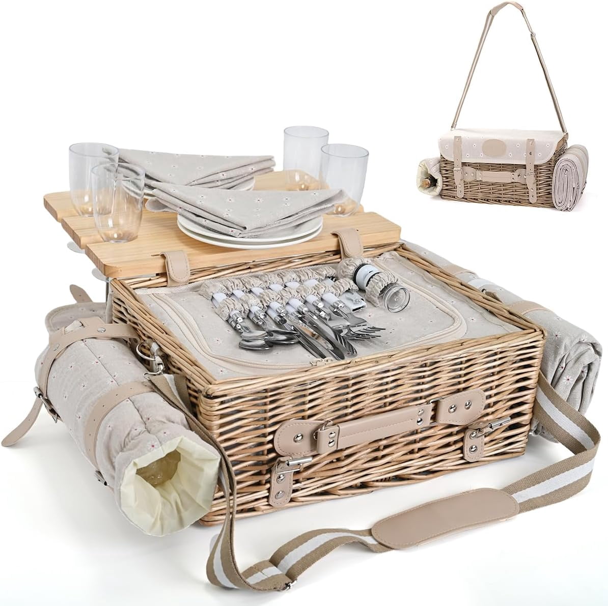 Multifunctional Wicker Picnic Basket Set for 4 with Blanket and Picnic ...