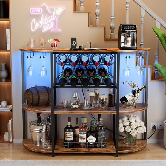 Multifunctional Wine Bar Cabinet with Power Outlets and Colorful LED Lights, Kitchen Liquor Storage Table with Metal Frame and Wood Shelves, Brown