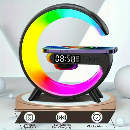 Multifunctional Wireless Charging Station | Fast Charger with Hi-Fi Speaker & RGB Night Light | Alarm Clock for iPhone 12-16 & Samsung Galaxy | Holiday Gift Idea