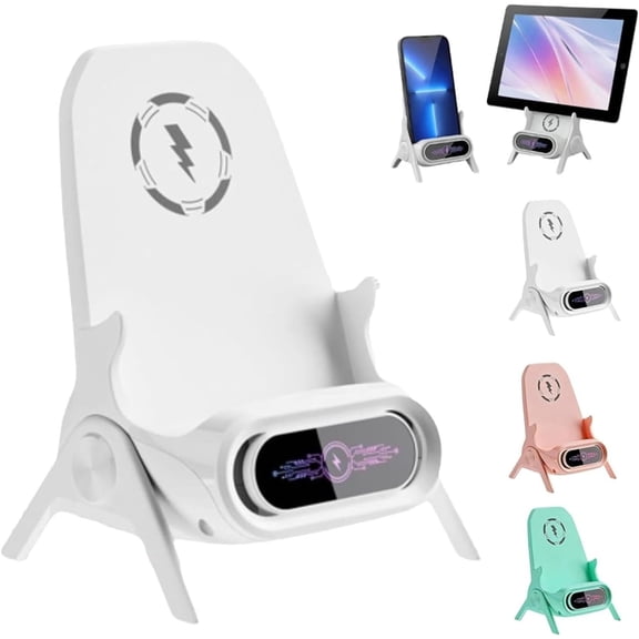 Multifunctional Wireless Fast Charger Phone Stand, Mini Chair Wireless Fast Charger 3-in-1 Phone Holder Stand with Speaker, Adjustable Desktop Phones Stands Charging ,White