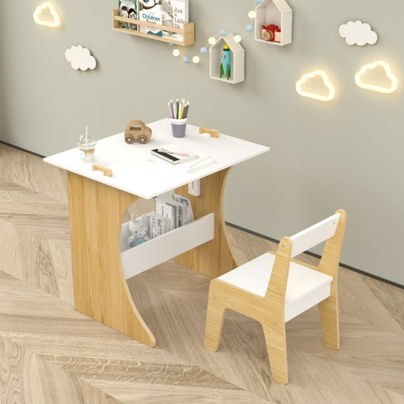 Multifunctional Wooden Children Study Table,Convertible Tabletop for Study,Drawing & Play,Kids Table Set with One Chair,Natural