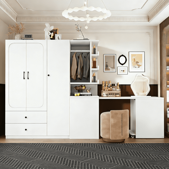 Multifunctional Wooden Wardrobe with 2 Doors, Hanging Rod & Convertible Desk | Storage Closet with Drawers for Bedroom, Cloak Room, Laundry Room, Apartment
