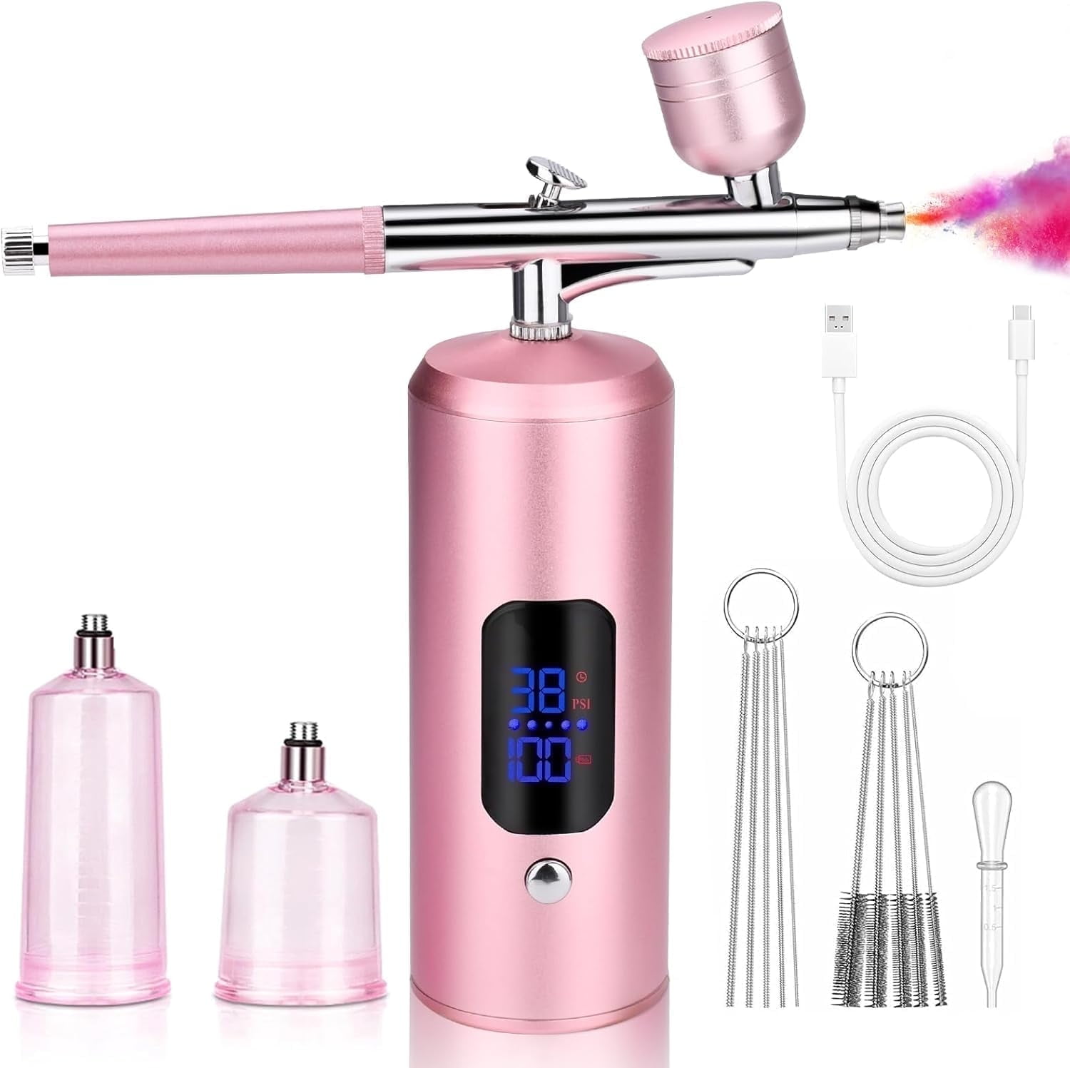 Airbrush Kit with Compressor, LED Display, Great for Painting, Modeling, Cake Decorating, Makeup, Nail Art、DIY (Pink)