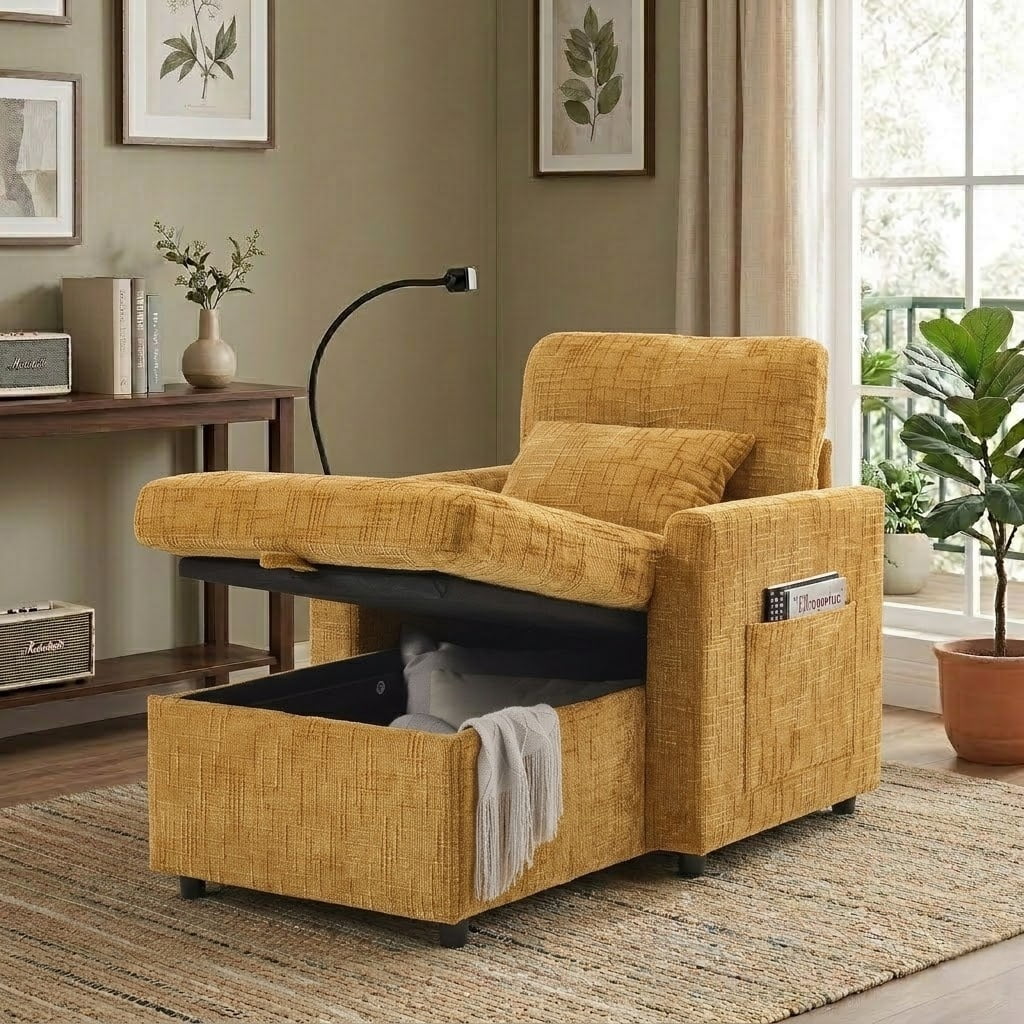 EPOWP Multifunctional lazy person sofa recliner can be stored storage backrest with cell phone bracket chenille single leisure chair for living room bedroom small household