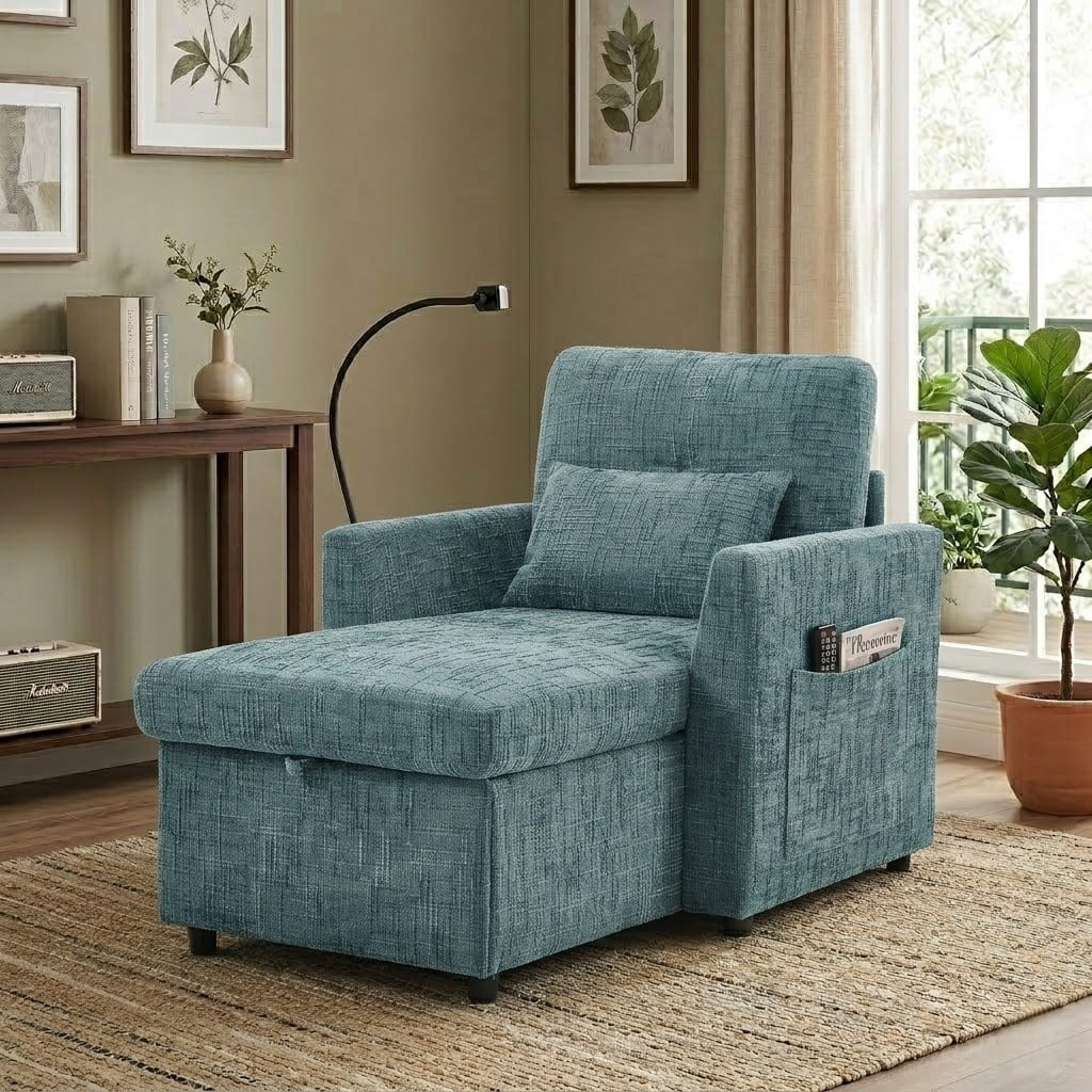EPOWP Multifunctional lazy person sofa recliner can be stored storage backrest with cell phone bracket chenille single leisure chair for living room bedroom small household