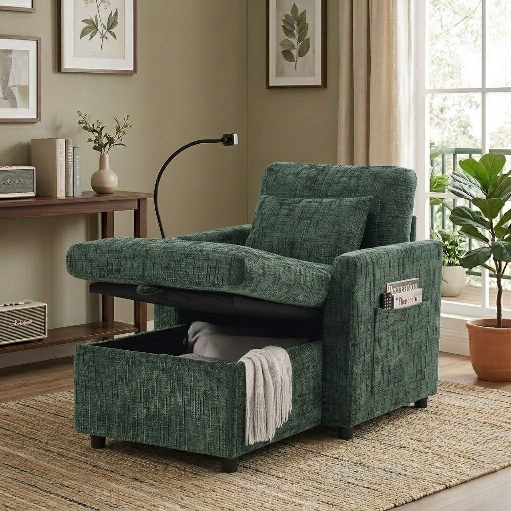 EPOWP Multifunctional lazy person sofa recliner can be stored storage backrest with cell phone bracket chenille single leisure chair for living room bedroom small household