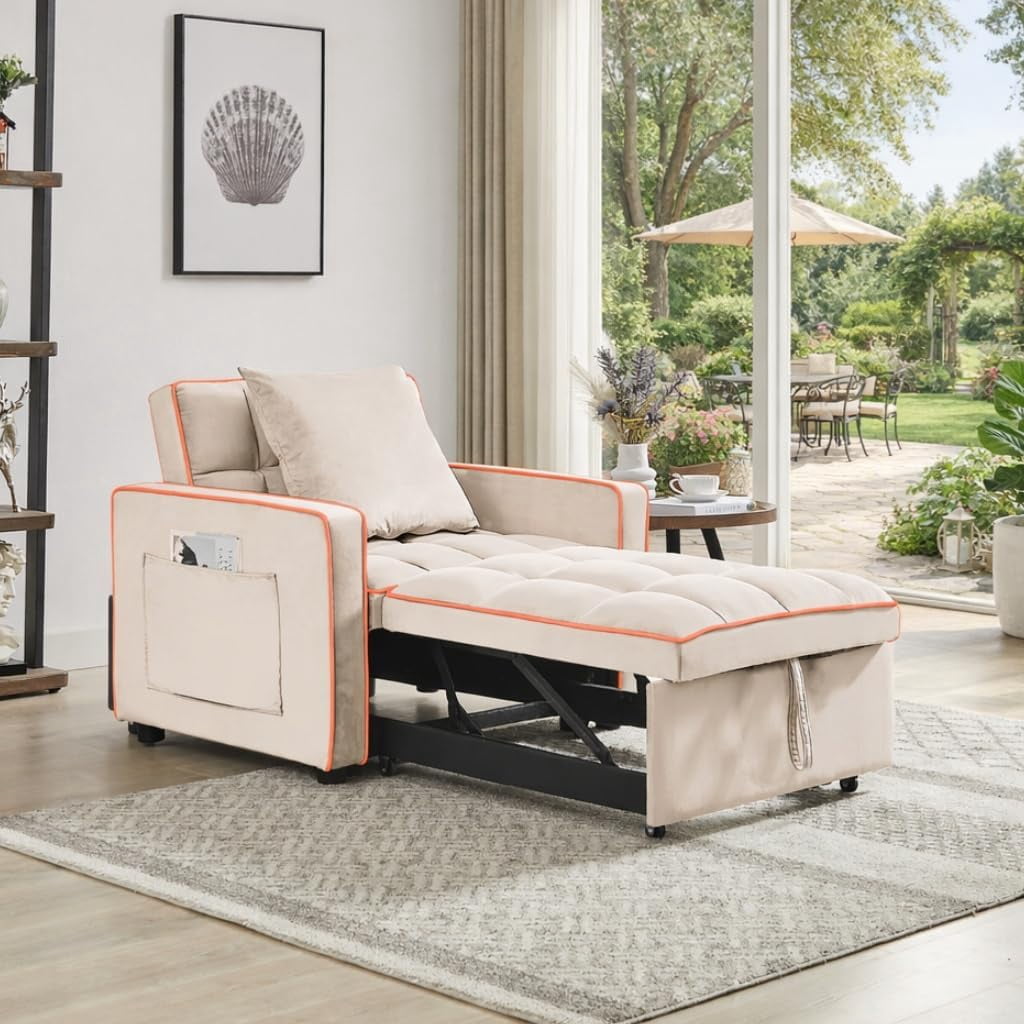 EPOWP Sleeper Chair, Pull Out Chair Sleeper with Adjustable Back & Pocket, Convertible Chairs Bed Sleepers for Adults, 3 in 1 Sofa Bed Chairs for Small Spaces, Living Room, White