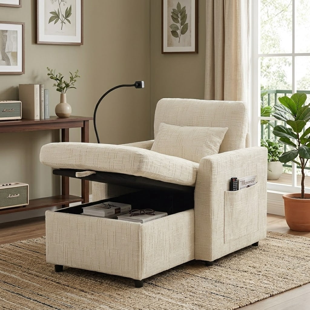 EPOWP Multifunctional lazy person sofa recliner can be stored storage backrest with cell phone bracket chenille single leisure chair for living room bedroom small household