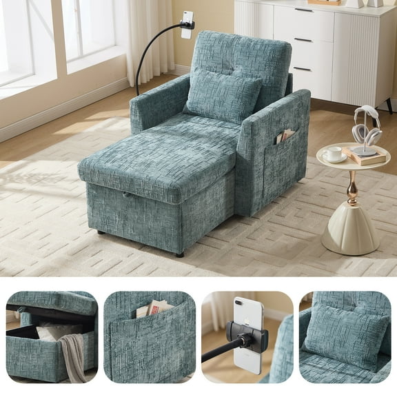 Multifunctional lazy person sofa recliner can be stored storage backrest with cell phone bracket chenille single leisure chair for living room bedroom small household