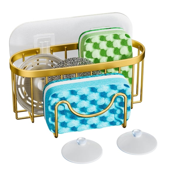 Multifunctional sponge bracket -2 installation methods sink caddy, equipped with a unique M-shaped, stainless steel kitchen sink organizer for sponges, brushes, plugs and scrapers-gold