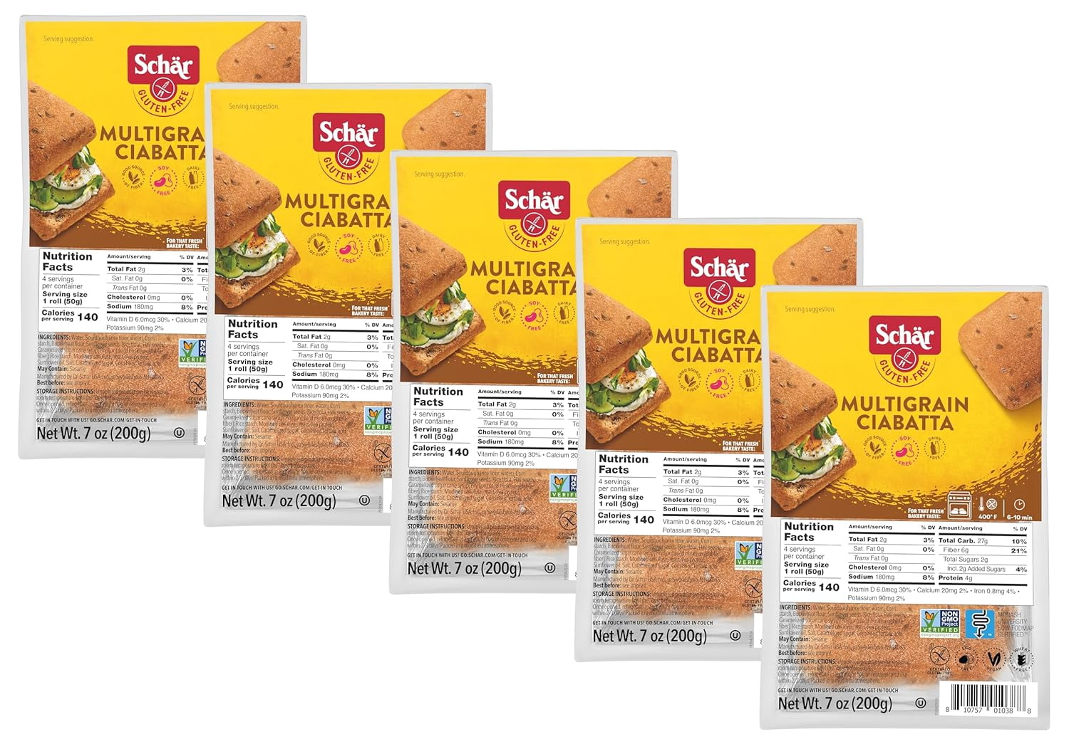 Multigrain Ciabatta Bread, 7 oz, 5Pack, Certifed Gluten Free, MONASH