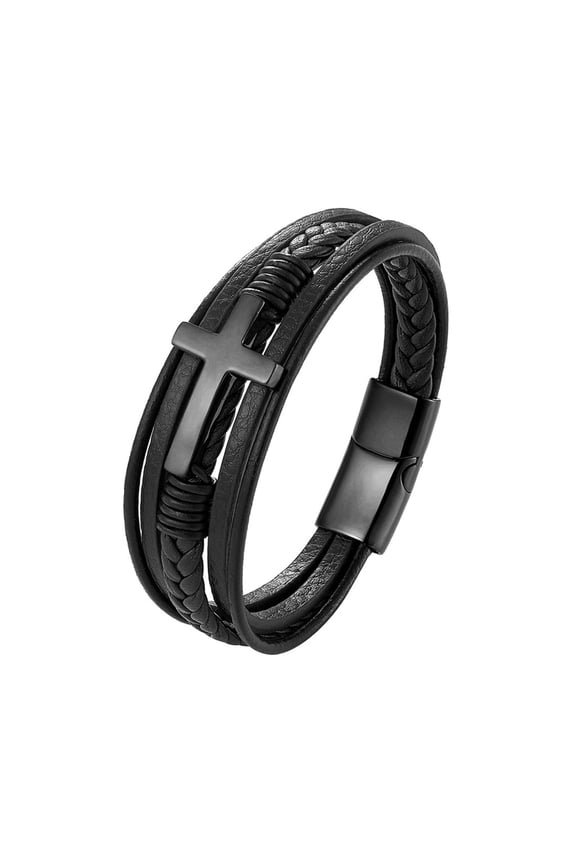 Multilayer Braided Leather Bracelet with Magnetic Clasp Men's Cuff Bracelet Christian Bracelet for Cross Religious Bangl