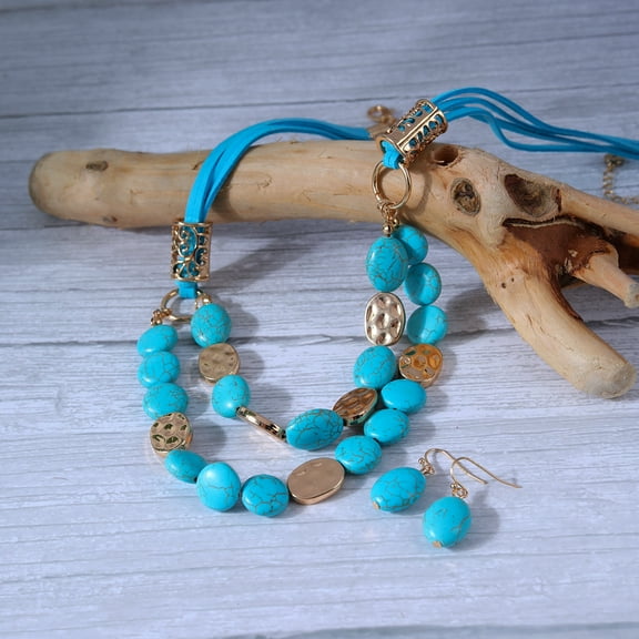 Multilayer Colorful Natural Stone Necklace Earrings Vintage Jewelry Set