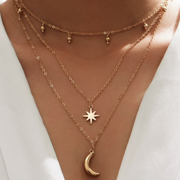 Multilayer Gold Necklaces for Women Sun Moon Tassels Long Layering Choker Necklace Gold Plated Clavicle Chain Jewelry Gift