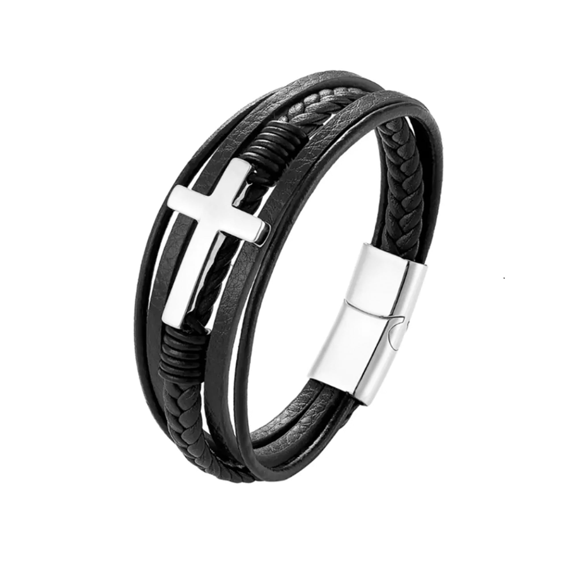 Multilayer Mens Bracelet , Genuine Leather with Cross, Christian Bracelet, Silver/Black