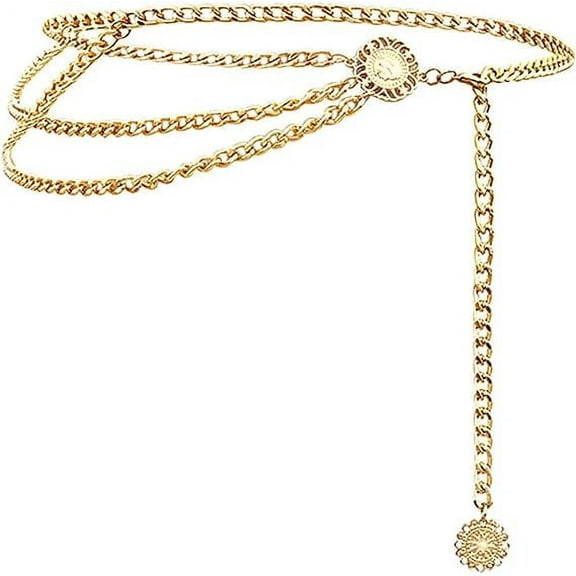 Multilayer Metal Waist Chain Dress Belts Metal Belt for Women, Rhinestone Waist Belt Punk Gorgeous Chain for Ladies Dresses,80-100 cm (Gold)