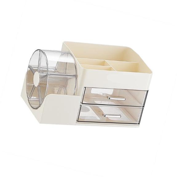 Multilayer Plastic Cosmetic Storage Unit With Revolving Dispenser And 3 Level Clear Sections For Countertop Arrangement