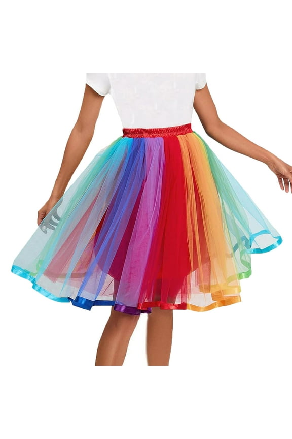 Multilayer Pleated Skirts for Women Girls Elastic High Waisted Colorful Mini Skirts Performance Party Dance Skirt (0, )