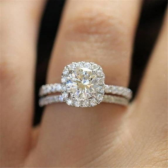 Multilayer Round Cut White Sapphire Full Diamond Engagement Rings Set