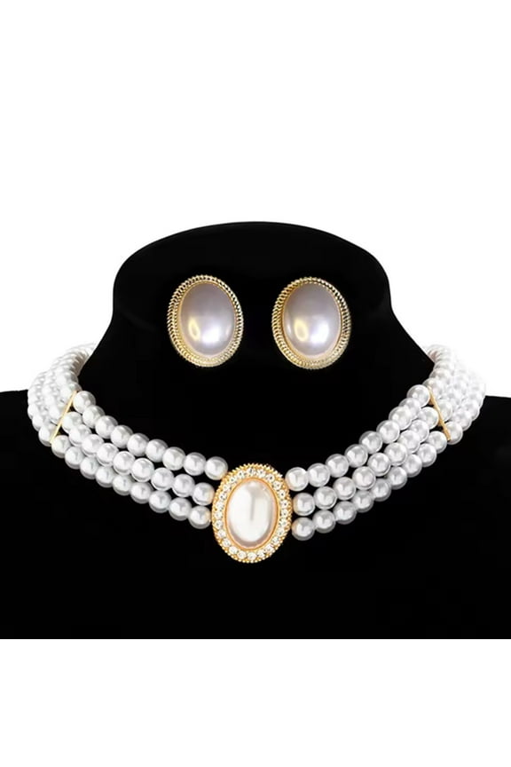 Multilayer Simulated Pearl Choker Oval Crystal Necklace Earrings Set for Women Bridal Jewelry Set