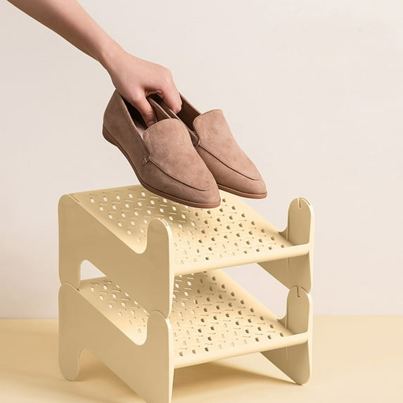 Multilayer Stackable Foldable Shoe Rack Organizer, Plastic Material, Foldable Design, Non Perforated Breathable Storage, for Entryway Closet Mudroom Organization, Single Pack, Yellow, by FAJHHA