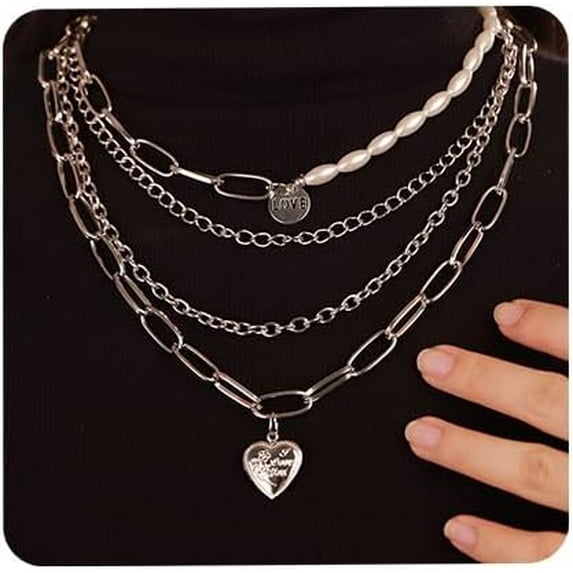 Multilayered Punk Silver Link Chain Choker Necklace Cuban Heart Pearl Paperclip Chain Statement Necklace Party Costume Accessory for Women(Silver)