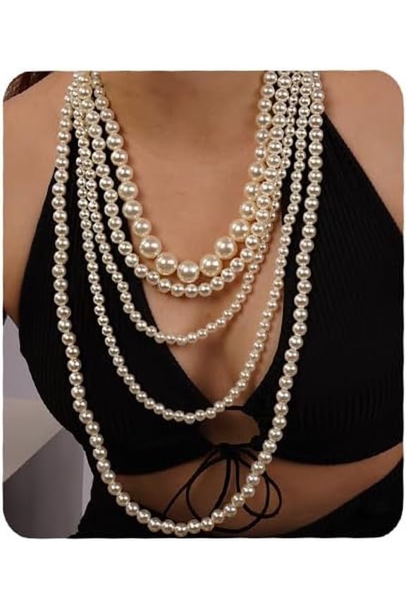 Multilayered Strand Faux Pearls Choker Necklace Flapper Beads Cluster Long Chunky Chain Statement Necklace for Women(Style 3)