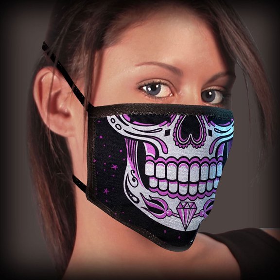 Multilayered Sugar Skull Face Mask - Horror Calavera Skull, Soft Washable Reusable Cotton for Bikers