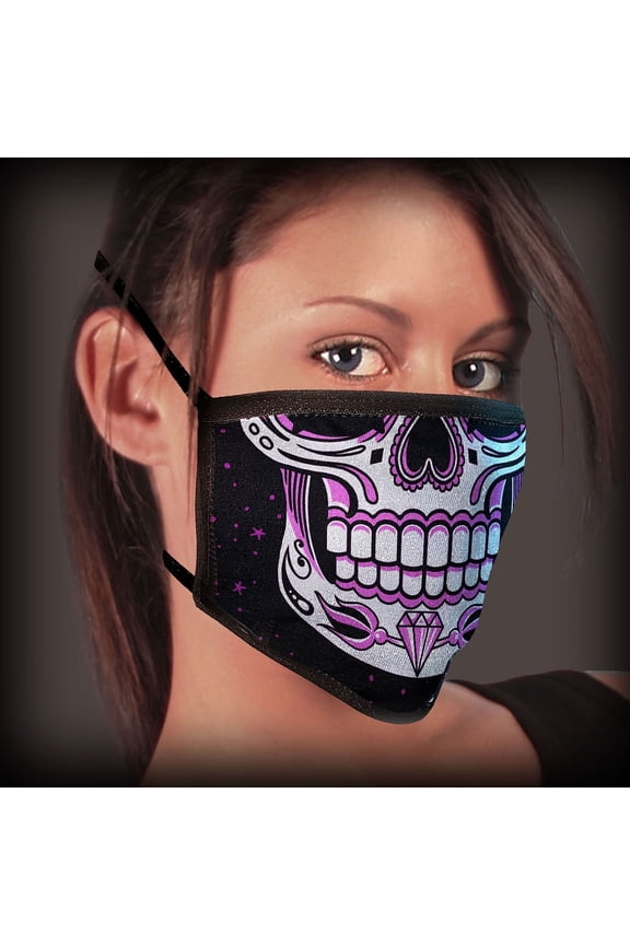 Multilayered Sugar Skull Face Mask - Horror Calavera Skull, Soft Washable Reusable Cotton for Bikers
