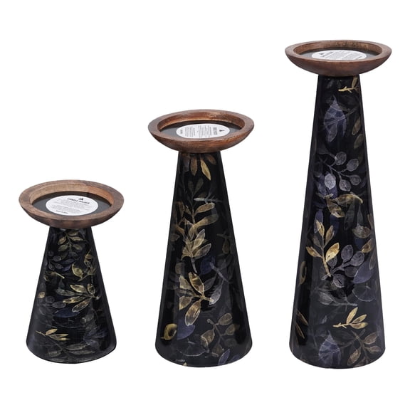 Multileaf Candle Holders for Pillar Candles (Black, Set of 3) - Hand Crafted Gold Black Candlesticks Holders Set - Elegant Metal Candle Stand for Table Centerpiece - Modern Candle Holder-6x9x12
