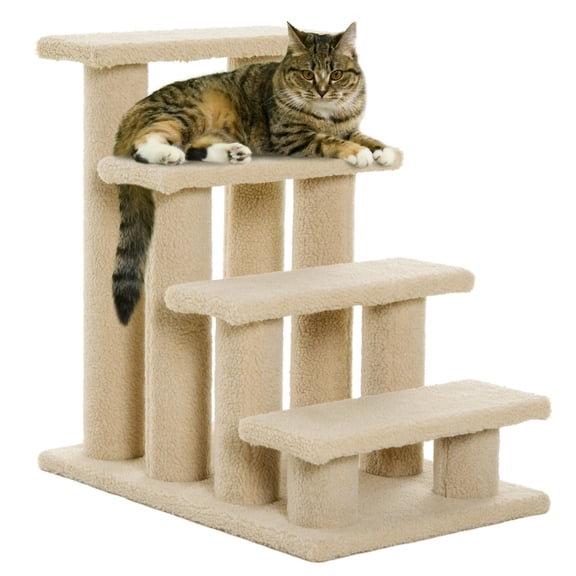 Multilevel Cat Scratching Post with Carpeted Stairs for Senior Pets, 25L x 17W x 24H, Brown Particle Board, 44 lbs Capacity