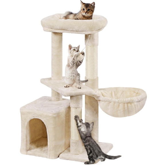 Multilevel Cat Tree with Condo Nest Basket Platform for Indoor Cats Kittens Play Rest Activity Center 33in, Natural Sisal
