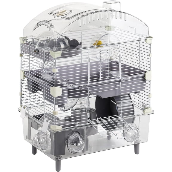 Multilevel Hamster Cage Starter Kit 18Lx11Wx23H with 3 Platforms, 2 Combinations of Bathtub & Food Bowl & Steps, 2 Exercise Wheels, 3 Doors, Small House, Water Bottle, Transparent/Gray
