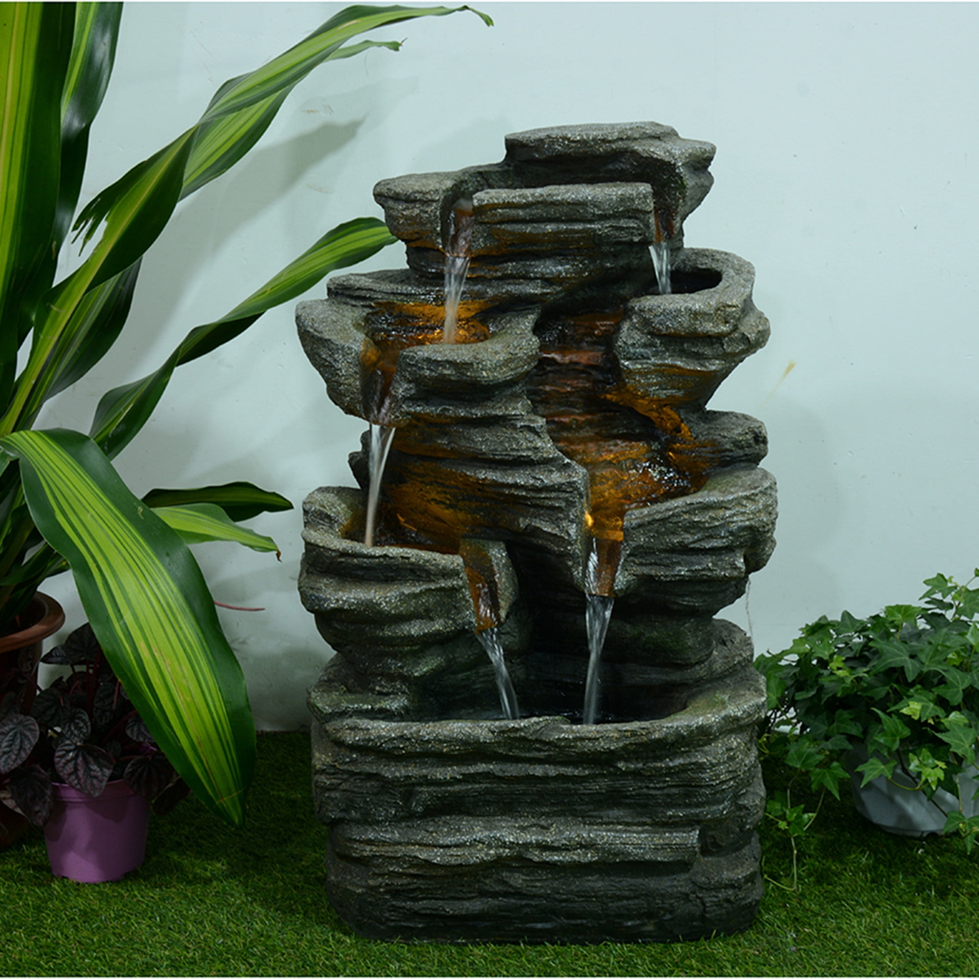 Multilevel LED Lighted Rock Outdoor Water Fountain - 24.5"
