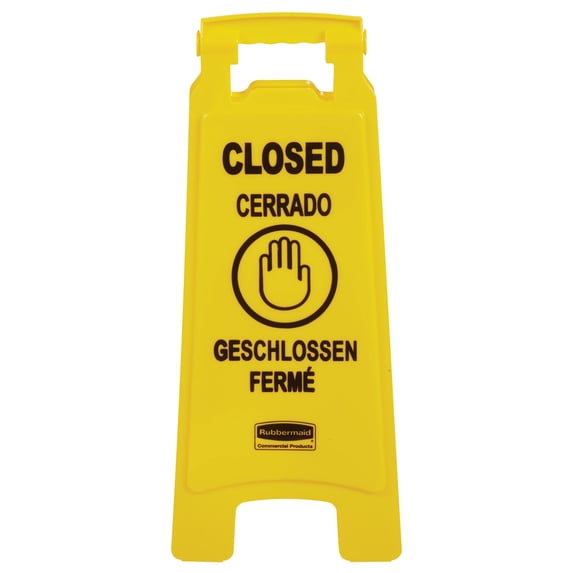 Rubbermaid Commercial Closed Multi-Lingual Floor Sign - CLOSED Print/Message - 11" x 25" - Rectangular Shape - Yellow