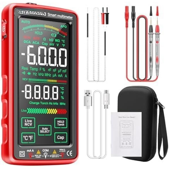 Multimeter, Digital Multimeter Tester with Screen 6000 Counts Auto Ranging Rechargeable A Reverse Display NCV Tester with Flashlight for Electricians, DIY (Red)
