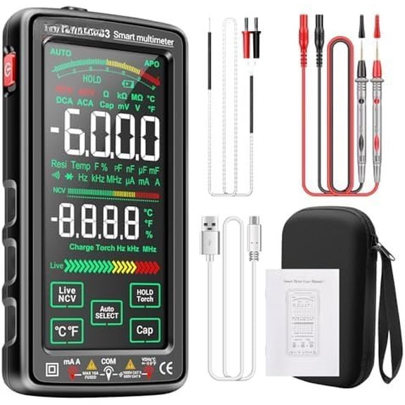 Multimeter,  Digital multimeter Tester with  Screen 6000 Counts Auto Ranging Rechargeable multimeter A Reverse Display NCV Tester with Flashlight for Electricians,DIY (Black)
