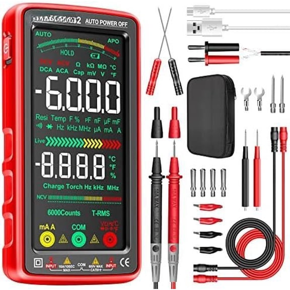 Multimeter Tester Color LCD TRMS Auto-Ranging 6000 Counts Voltmeter Rechargeable Meter Measures Current,NCV,,Ohm,Amp,Resistance,Diodes,Countinuity,Capacitance,Temperature