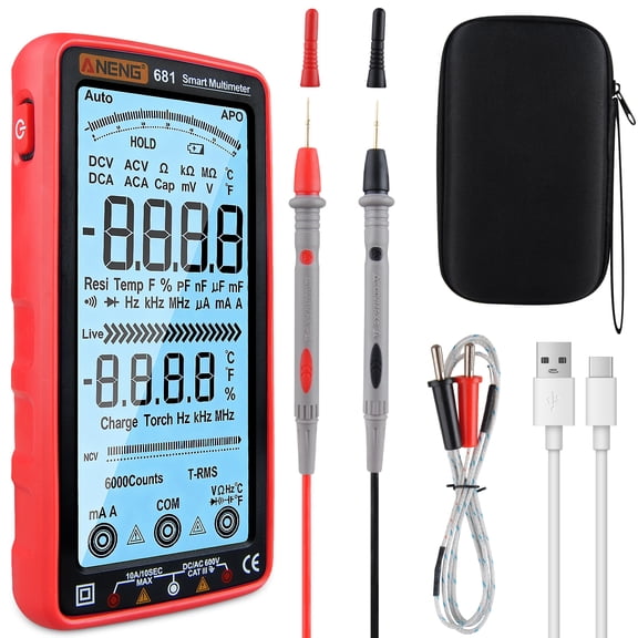 Multimeter Tester,Color LCD TRMS Auto-Ranging 6000 Counts Voltmeter Smart Rechargeable Meter w/ Flashlight Measures AC/DC Voltage Current,NCV,Amp,Resistance,Diodes,Countinuity,Capacitance,Temperature