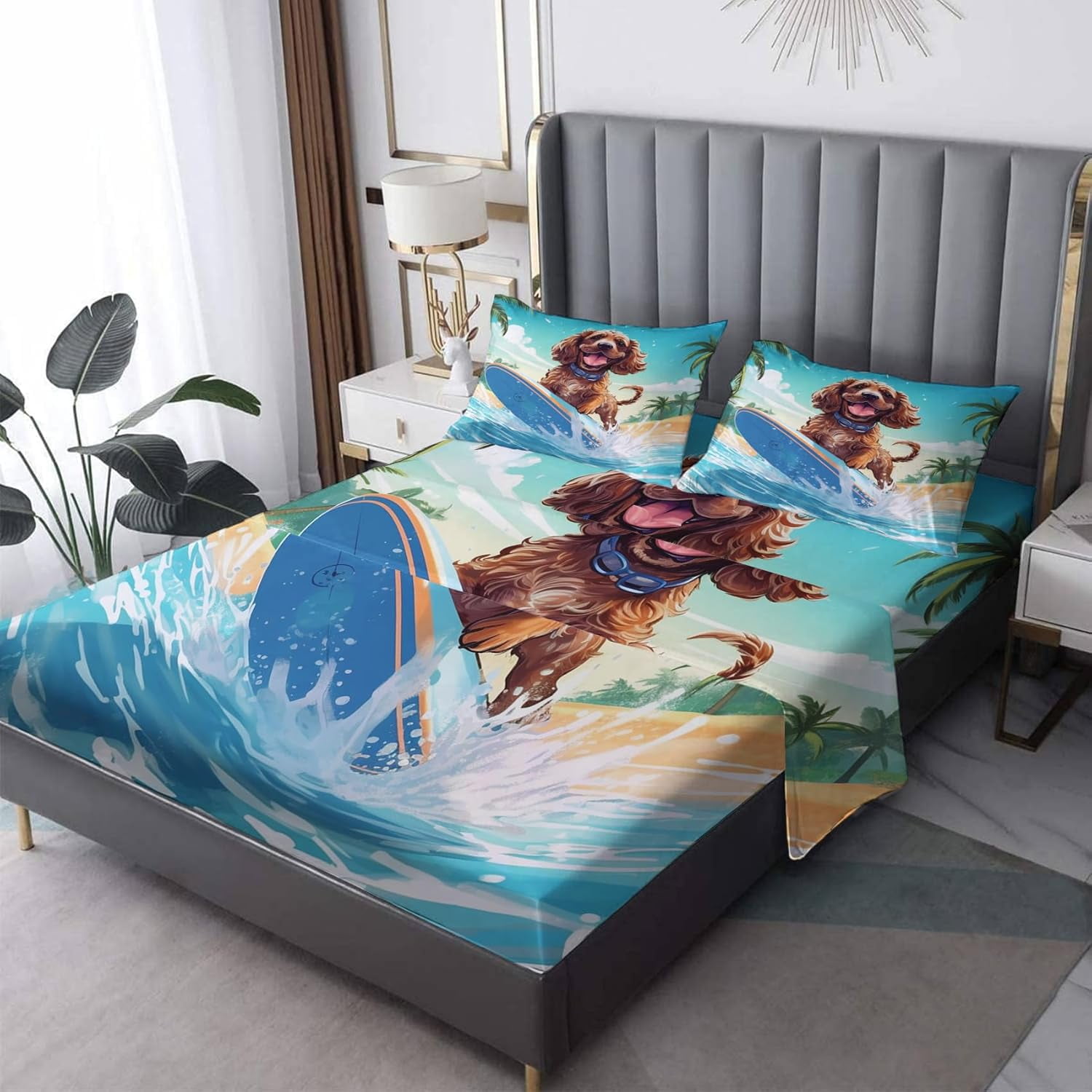 Surf Dog Sheets Queen Size, Surfing Puppy Bed Sheets & Pillowcases 4