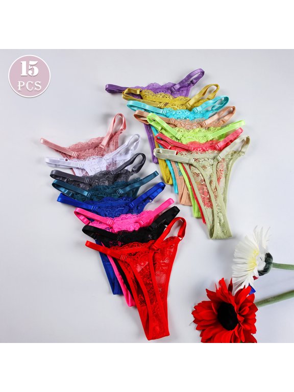 Multipack 15pcs Women Sheer Floral Lace Thongs, Adjustable Elastic Waistband Low Cut Sexy See Through Underwear Assorted Colors
