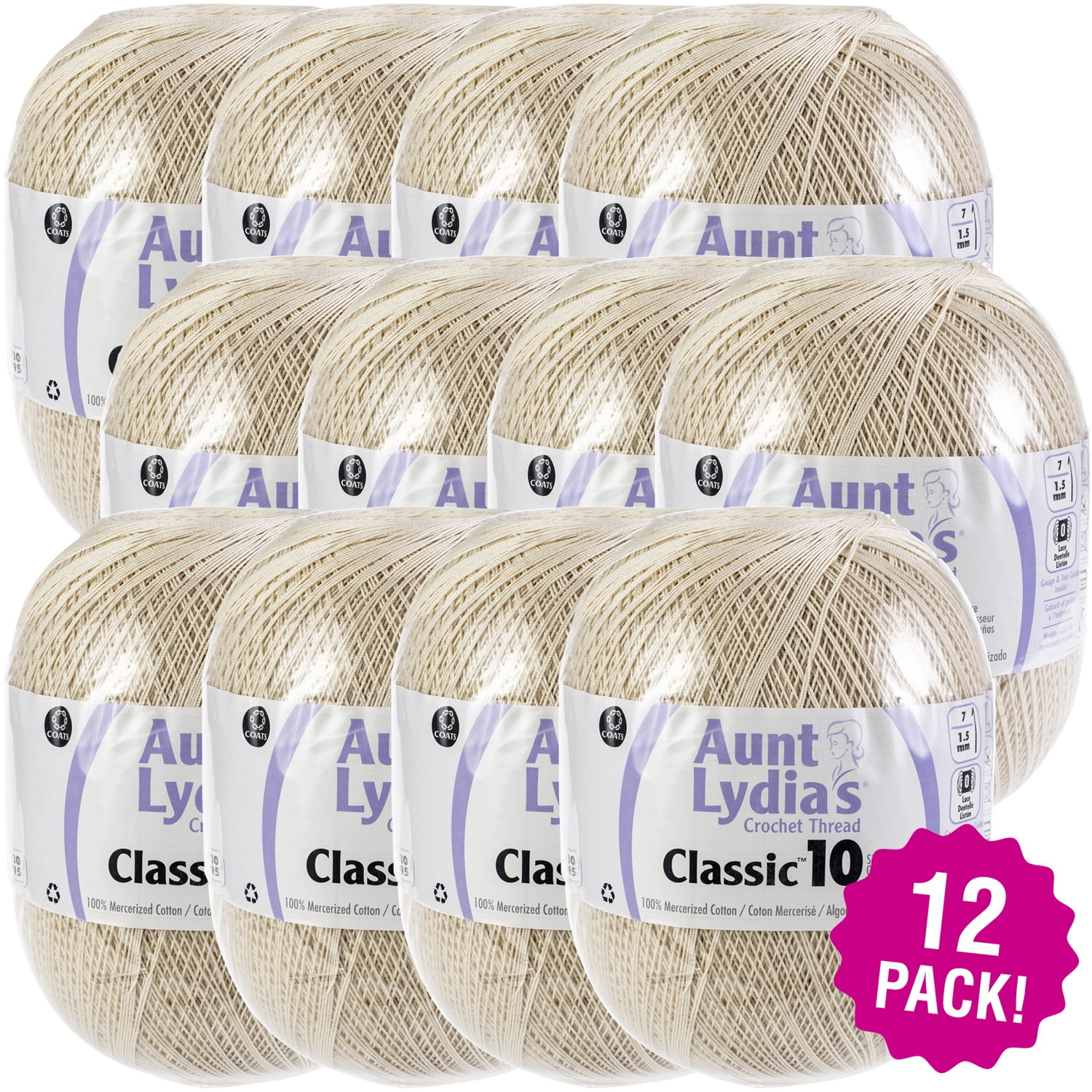 Multipack of 12 - Aunt Lydia's Classic Crochet Thread Size 10 Jumbo-Natural