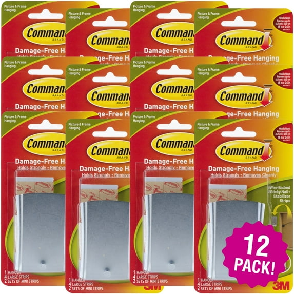 Multipack of 12 - Command Wire-Backed Sticky Nail-1 Hanger, 4 Large Strips & 2 Mini Strips